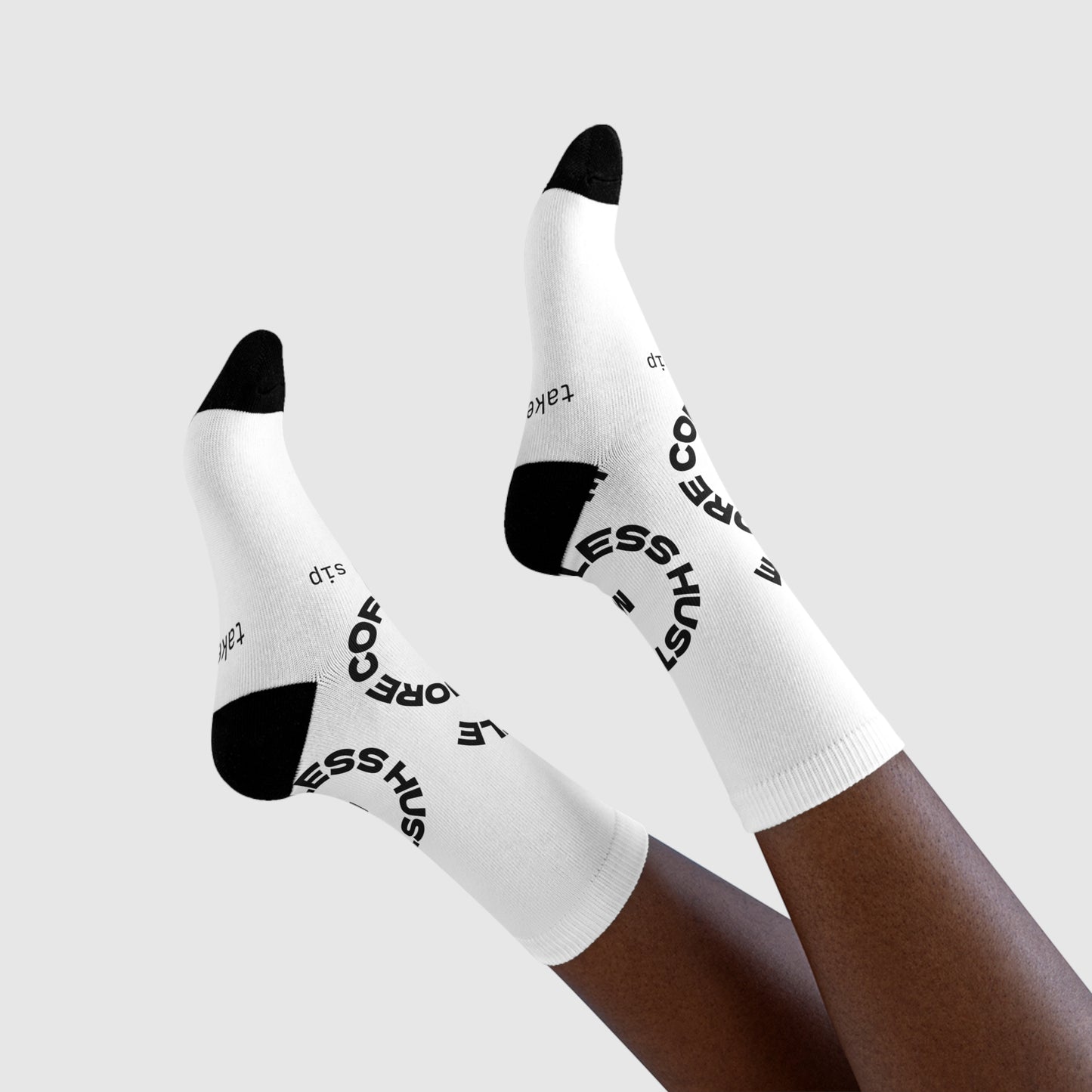 Coffee Hustle Crew Socks — "Hustle More, Less Coffee" Sublimation Socks (Take a Sip)