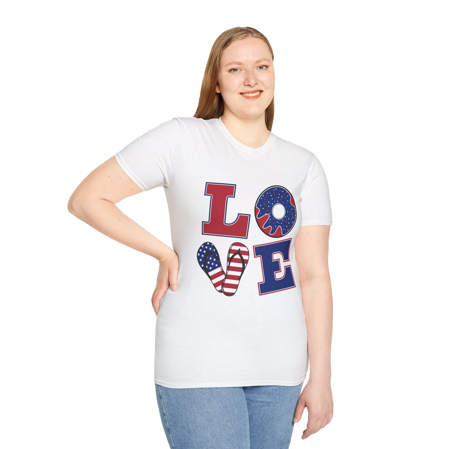 Patriotic 'LOVE' T‑Shirt — American Flag Donut & Flip‑Flop Fourth of July Tee