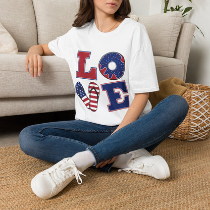 Patriotic 'LOVE' T‑Shirt — American Flag Donut & Flip‑Flop Fourth of July Tee