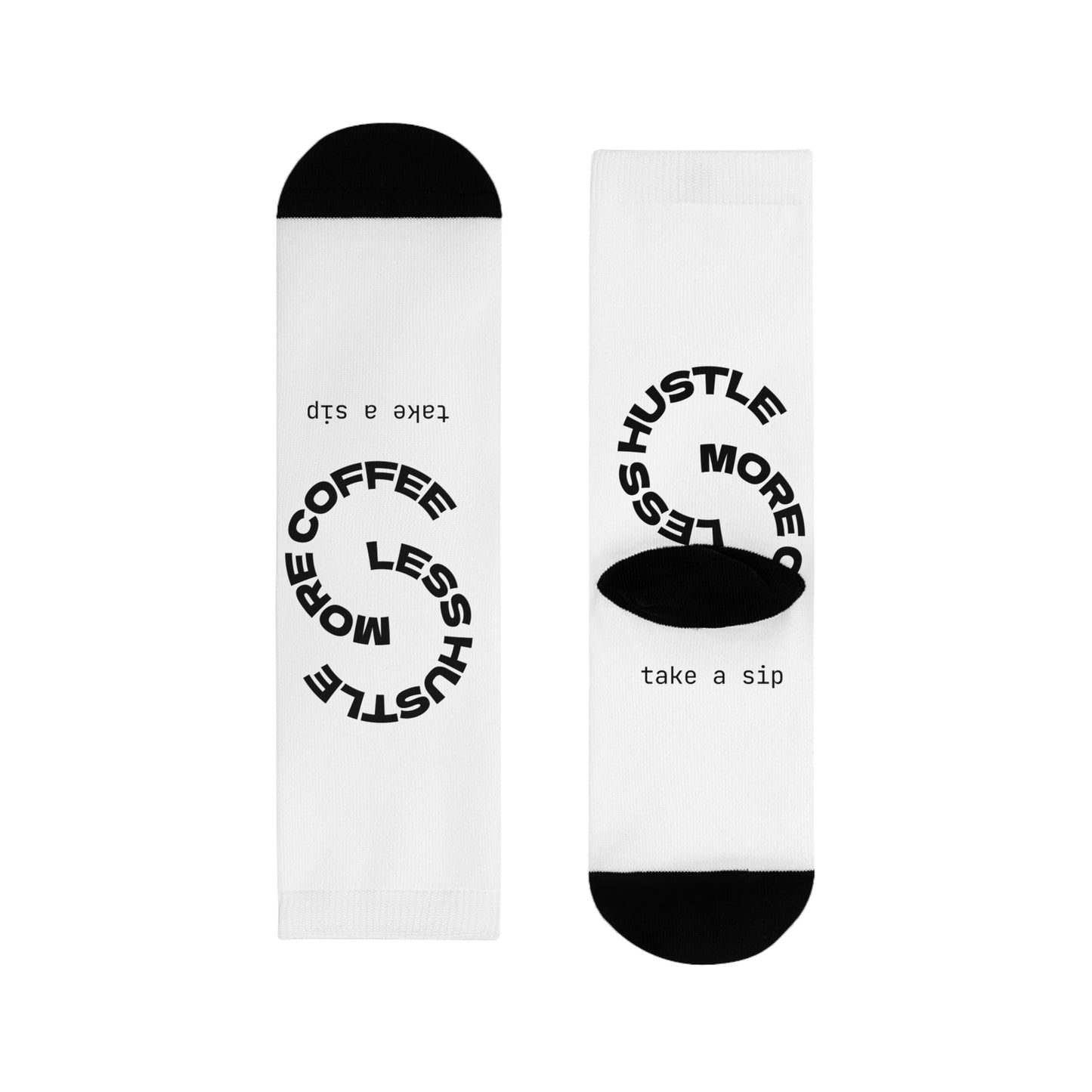 Coffee Hustle Crew Socks — "Hustle More, Less Coffee" Sublimation Socks (Take a Sip)
