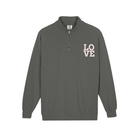 Love Chest Quarter‑Zip Sweatshirt — Minimal Pink LOVE Graphic