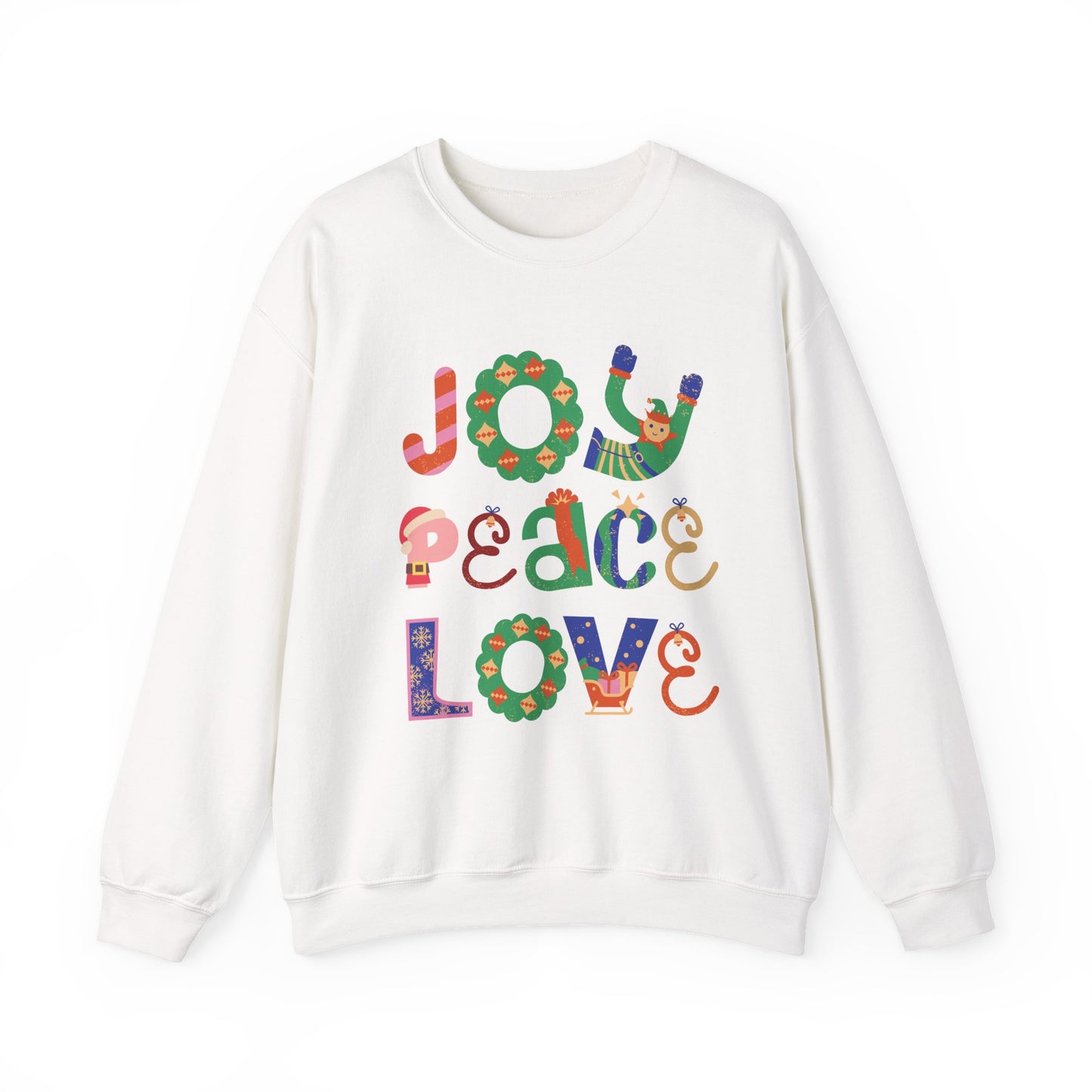 Joy Peace Love Unisex Crewneck Sweatshirt, Cozy Gift for Friends, Casual Wear, Relaxed Style, Perfect for Holidays, Uplifting Vibes