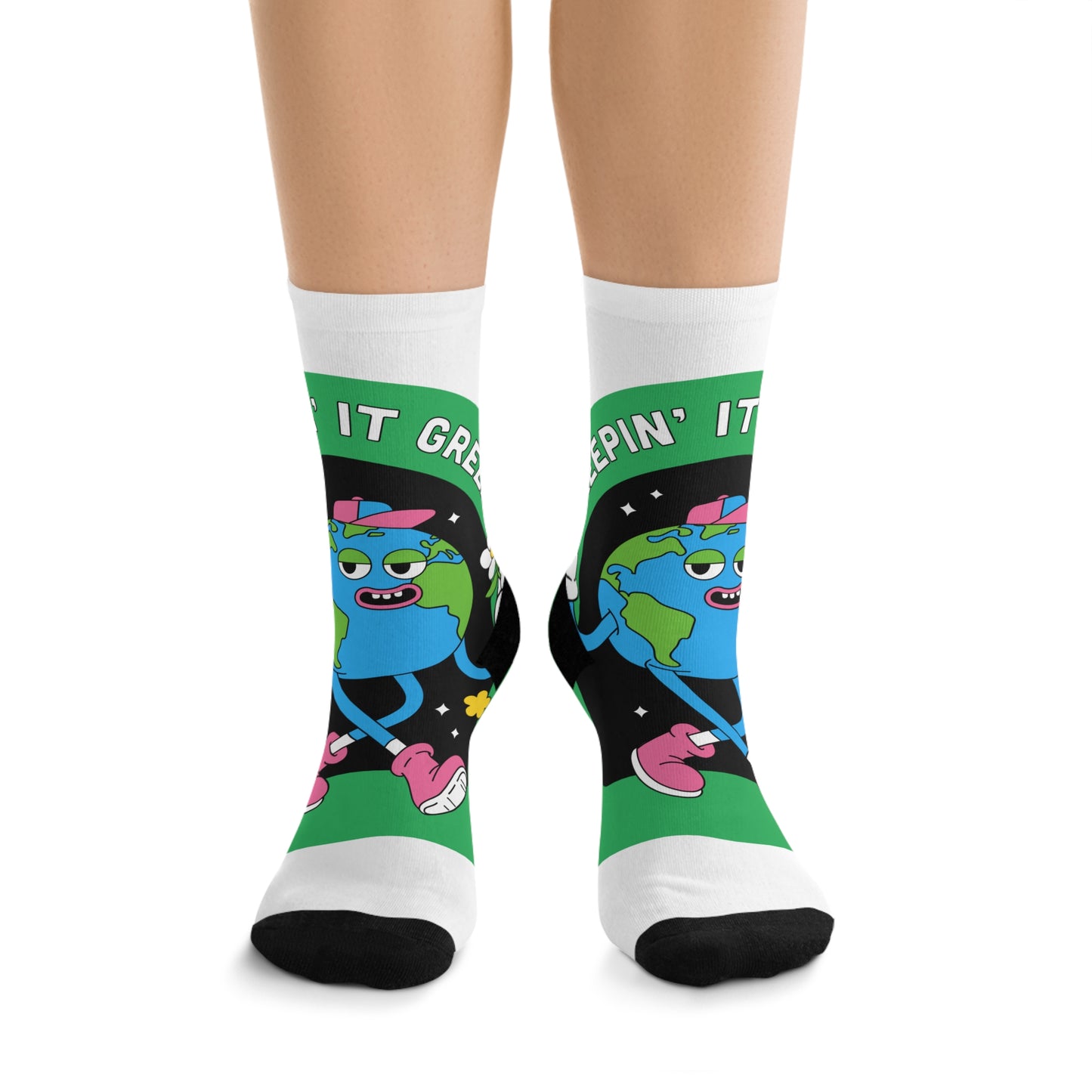 Keep It Green Recycled Poly Socks – Eco-Friendly Cartoon Earth Crew Socks