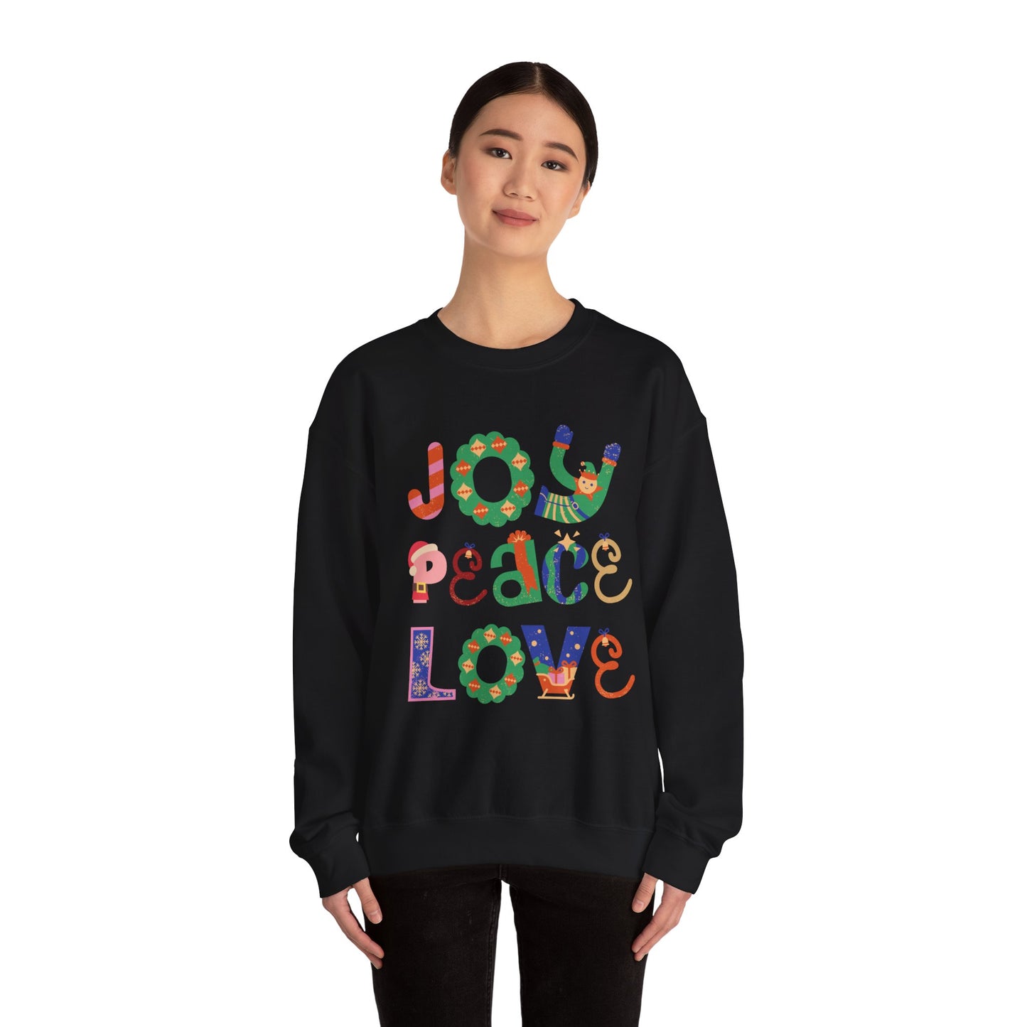Joy Peace Love Unisex Crewneck Sweatshirt, Cozy Gift for Friends, Casual Wear, Relaxed Style, Perfect for Holidays, Uplifting Vibes