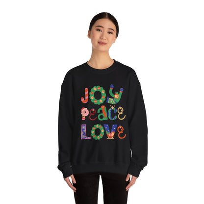 Joy Peace Love Unisex Crewneck Sweatshirt, Cozy Gift for Friends, Casual Wear, Relaxed Style, Perfect for Holidays, Uplifting Vibes