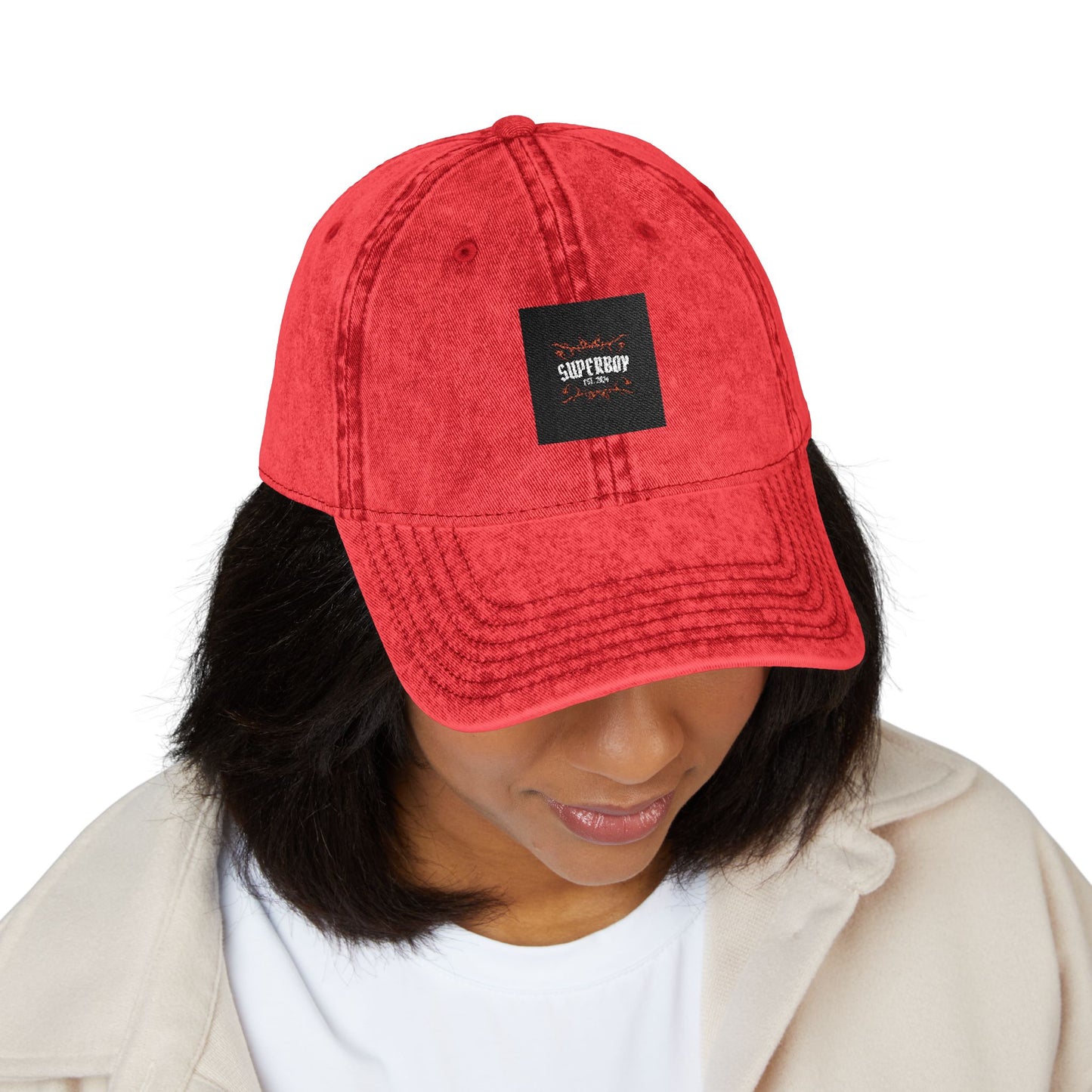 Vintage Embroidered Baseball Cap - Distressed Red with 'SUPREME' Logo Patch