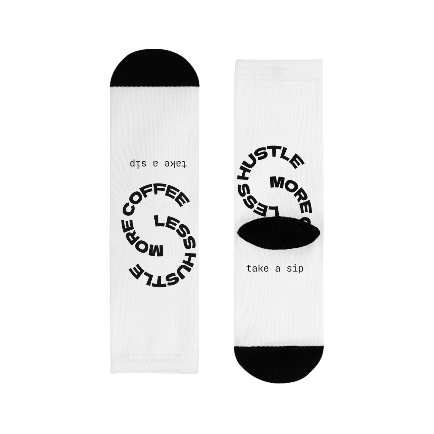 Coffee Hustle Crew Socks — "Hustle More, Less Coffee" Sublimation Socks (Take a Sip)