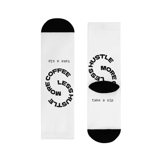 Coffee Hustle Crew Socks — "Hustle More, Less Coffee" Sublimation Socks (Take a Sip)
