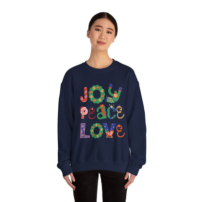 Joy Peace Love Unisex Crewneck Sweatshirt, Cozy Gift for Friends, Casual Wear, Relaxed Style, Perfect for Holidays, Uplifting Vibes