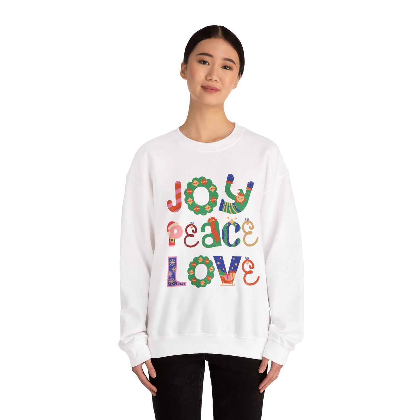 Joy Peace Love Unisex Crewneck Sweatshirt, Cozy Gift for Friends, Casual Wear, Relaxed Style, Perfect for Holidays, Uplifting Vibes