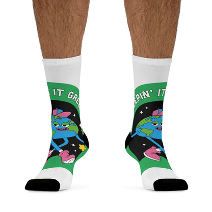 Keep It Green Recycled Poly Socks – Eco-Friendly Cartoon Earth Crew Socks