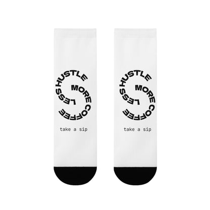 Coffee Hustle Crew Socks — "Hustle More, Less Coffee" Sublimation Socks (Take a Sip)