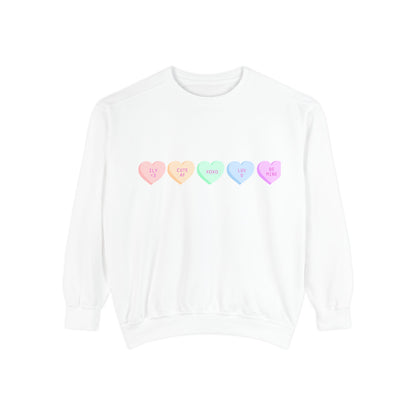 Pastel Conversation Hearts Sweatshirt — Cute Valentine Candy Heart Crewneck