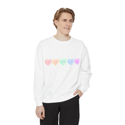 Pastel Conversation Hearts Sweatshirt — Cute Valentine Candy Heart Crewneck
