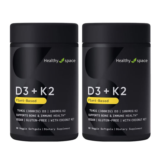 2 Bottles -Plant-Based D3+K2 Vitamin Softgels - Strengthens Bones, Supports Immune Health, Coconut MCT Oil, Vegan Gluten-Free Formula - 60 Capsules